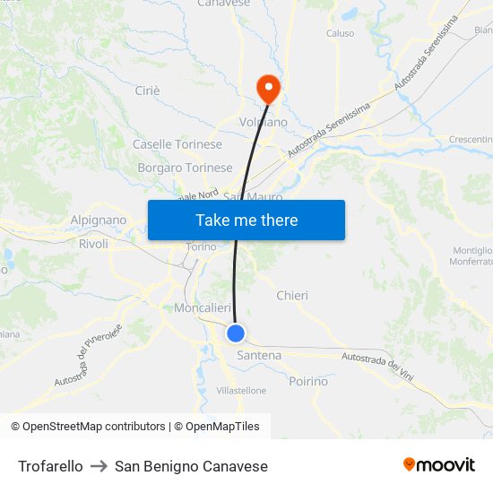 Trofarello to San Benigno Canavese map