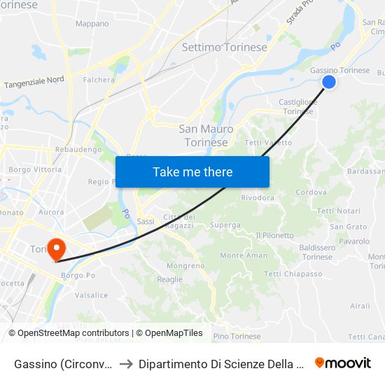 Gassino (Circonvallazione / Diaz) to Dipartimento Di Scienze Della Vita E Biologia Dei Sistemi map