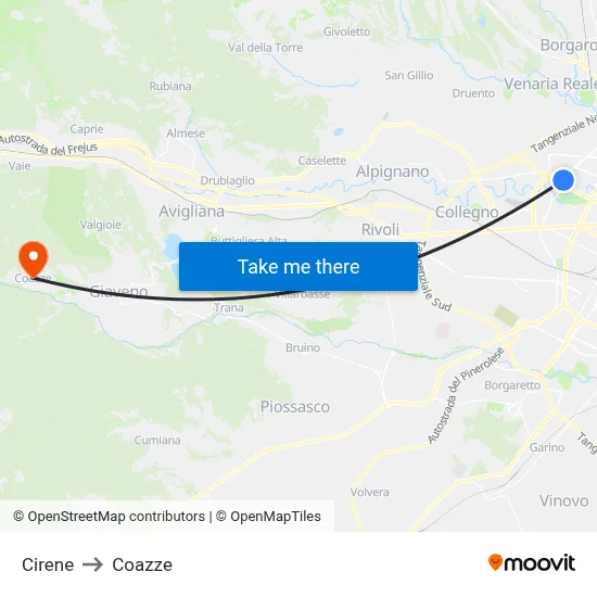 Cirene to Coazze map