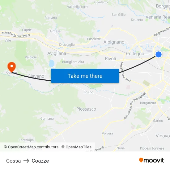 Cossa to Coazze map