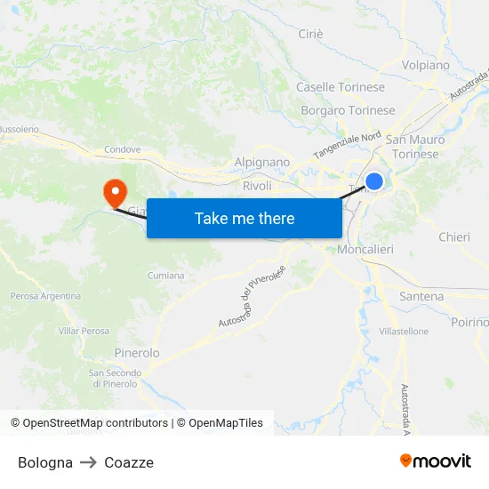 Bologna to Coazze map