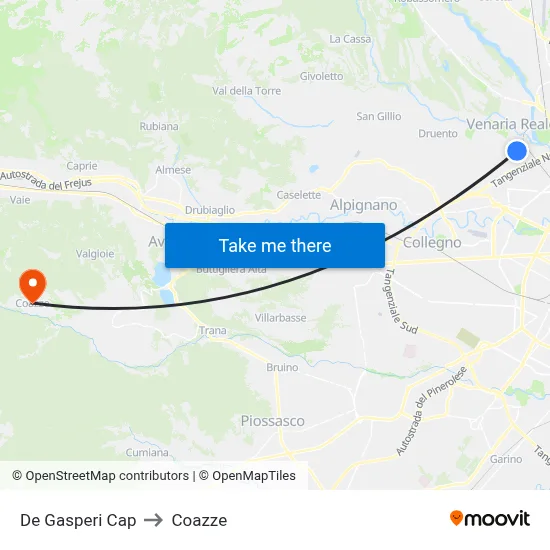 De Gasperi Terminal to Coazze map