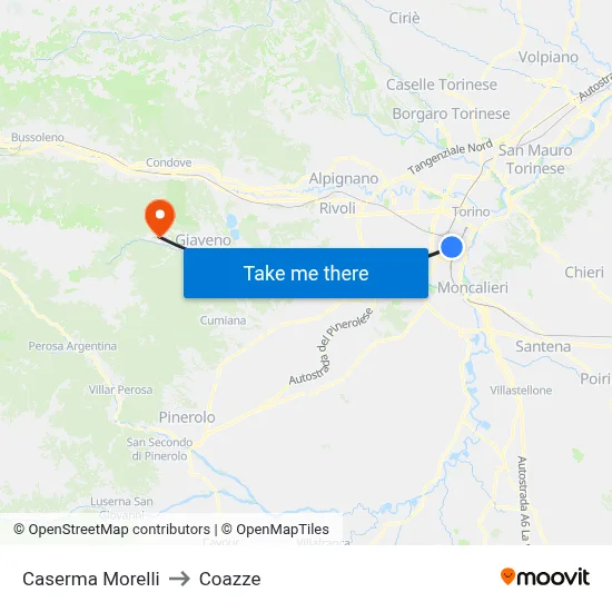 Morelli Barracks to Coazze map