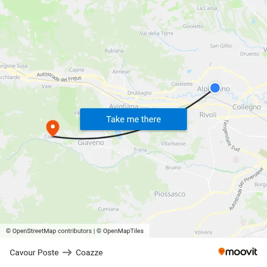 Cavour Post Office to Coazze map