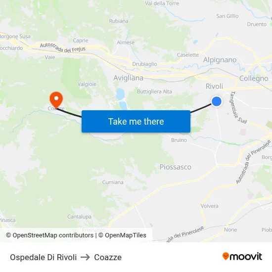 Rivoli Hospital to Coazze map
