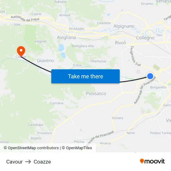 Cavour to Coazze map