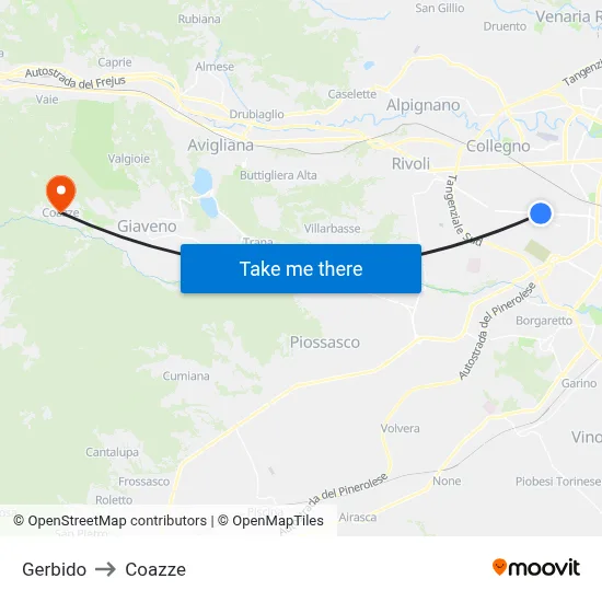 Gerbido to Coazze map