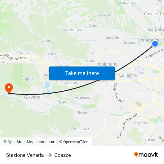 Venaria Station to Coazze map