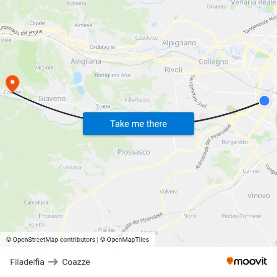 Filadelfia to Coazze map