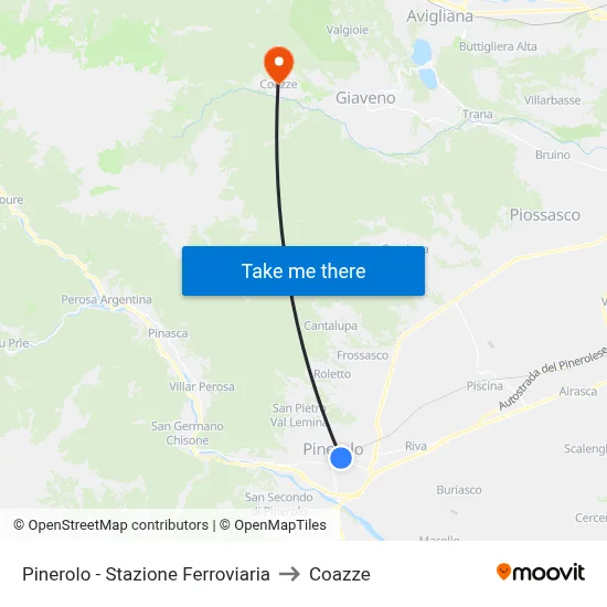 Pinerolo - Railway Station to Coazze map