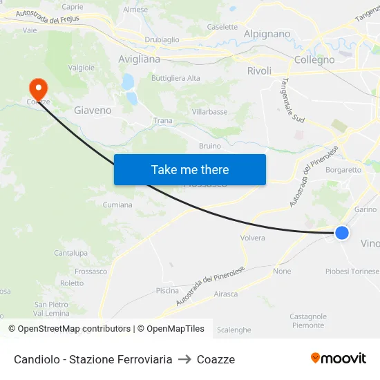 Candiolo - Railway Station to Coazze map