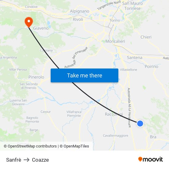 Sanfrè to Coazze map