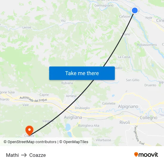 Mathi to Coazze map