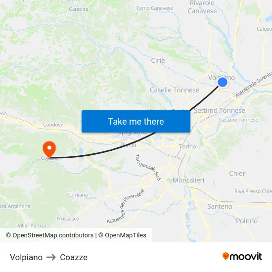 Volpiano to Coazze map