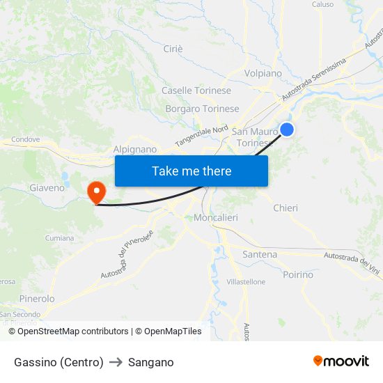 Gassino (Centro) to Sangano map