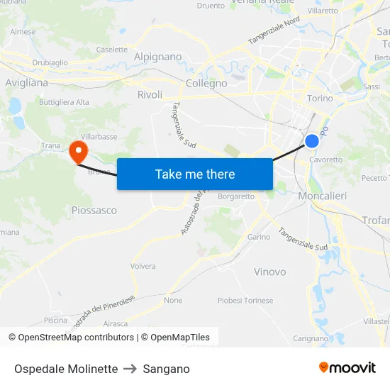 Molinette Hospital to Sangano map