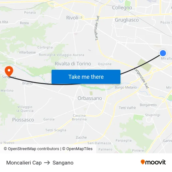 Moncalieri Cap to Sangano map