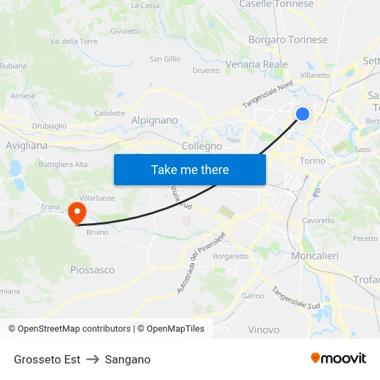 Grosseto East to Sangano map