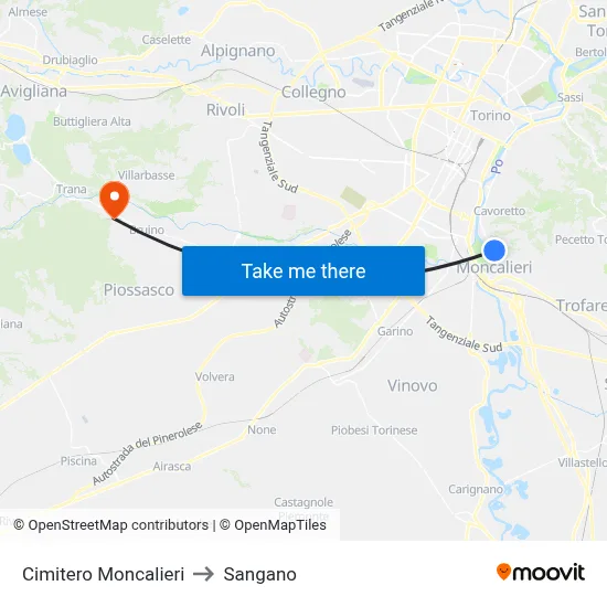 Moncalieri Cemetery to Sangano map