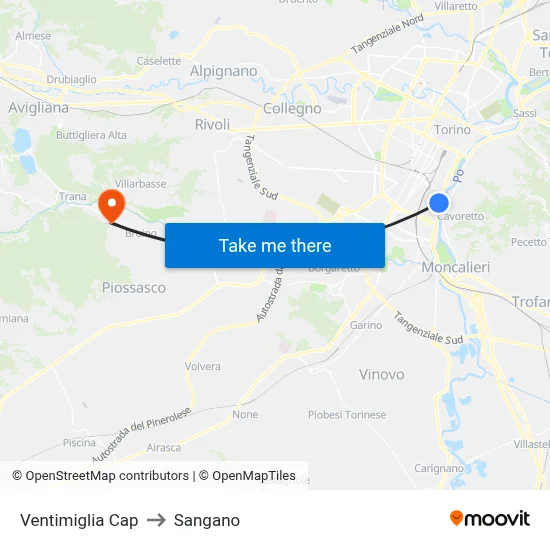 Ventimiglia Terminal to Sangano map