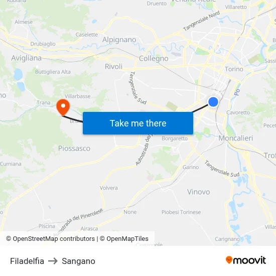 Filadelfia to Sangano map