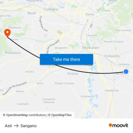 Asti to Sangano map