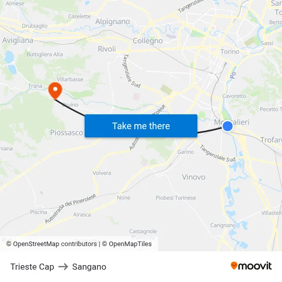 Trieste Terminal to Sangano map
