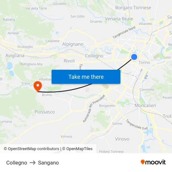 Collegno to Sangano map
