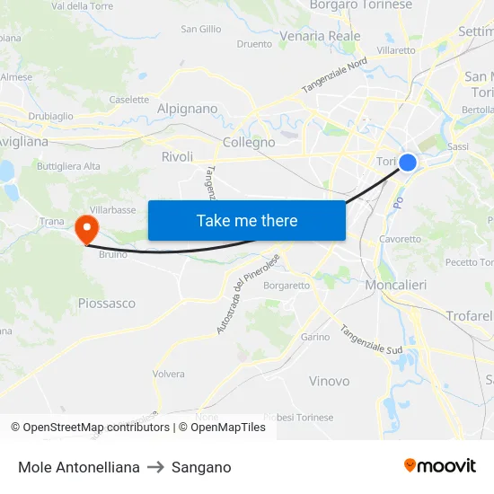 Mole Antonelliana to Sangano map