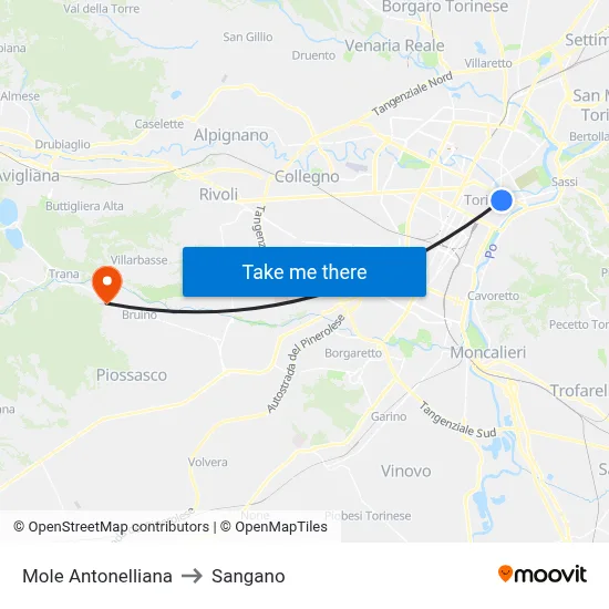 Mole Antonelliana to Sangano map