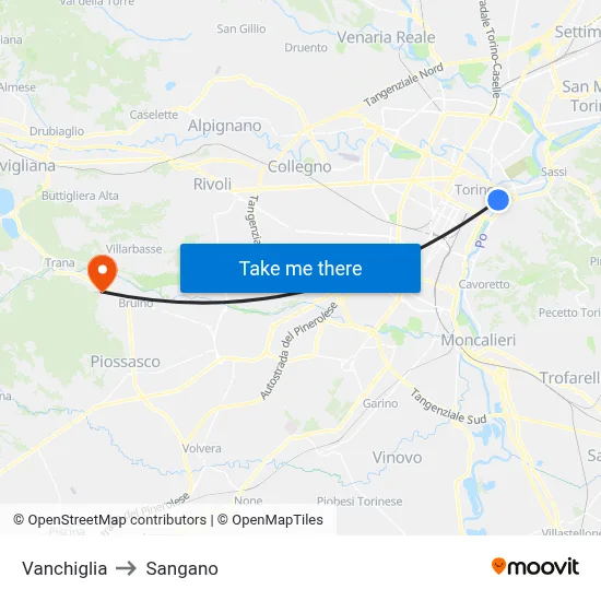Vanchiglia to Sangano map