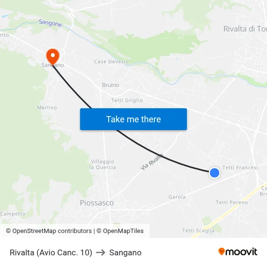 Rivalta (Avio Gate 10) to Sangano map