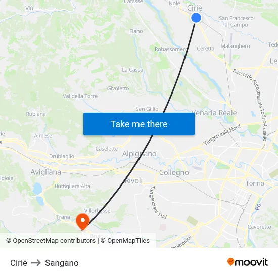 Ciriè to Sangano map