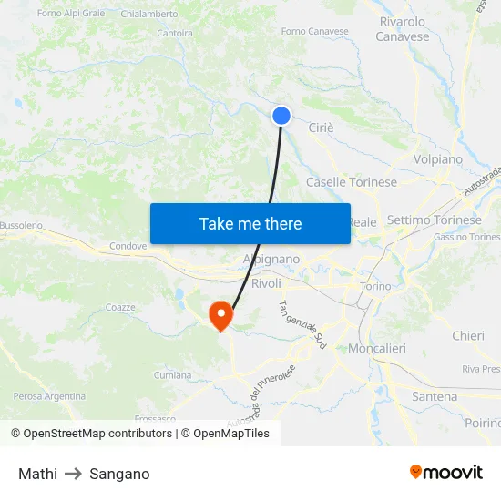Mathi to Sangano map
