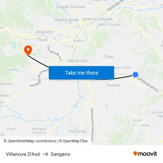 Villanova D'Asti to Sangano map