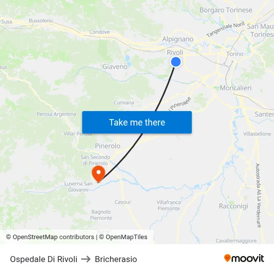 Rivoli Hospital to Bricherasio map