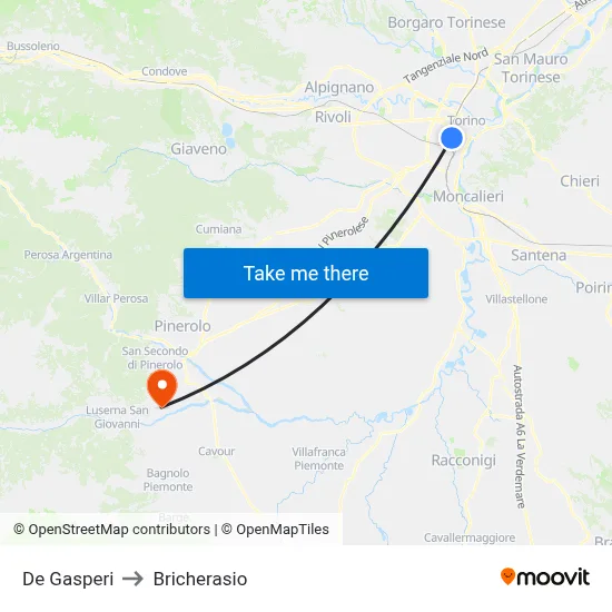 De Gasperi to Bricherasio map