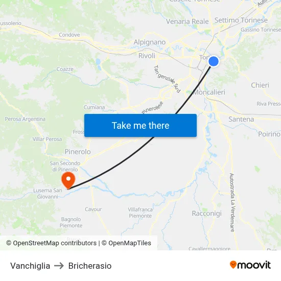 Vanchiglia to Bricherasio map