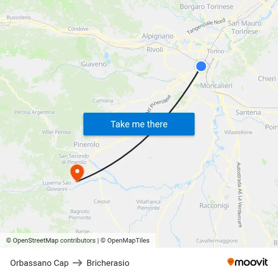 Orbassano Terminal to Bricherasio map