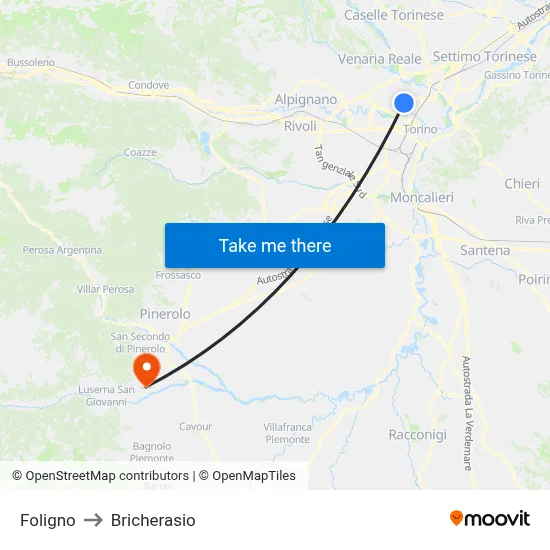 Foligno to Bricherasio map