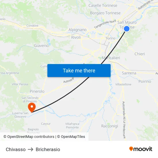 Chivasso to Bricherasio map