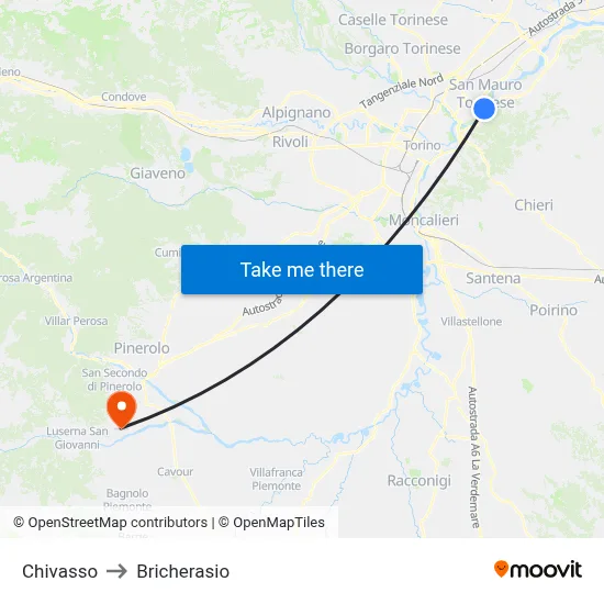 Chivasso to Bricherasio map