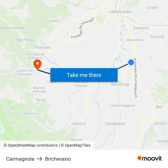 Carmagnola to Bricherasio map