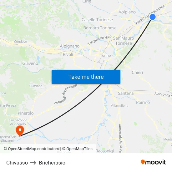 Chivasso to Bricherasio map