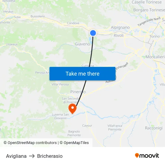 Avigliana to Bricherasio map