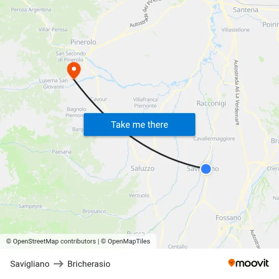 Savigliano to Bricherasio map