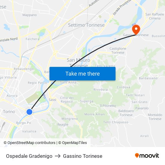 Ospedale Gradenigo to Gassino Torinese map