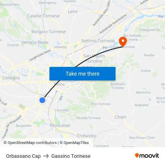Orbassano Terminal to Gassino Torinese map