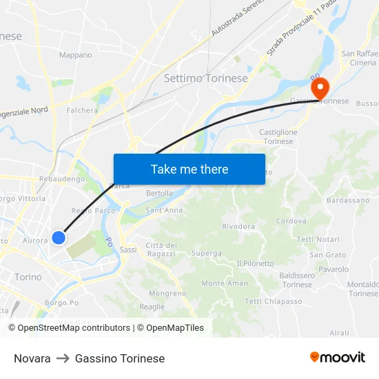 Novara to Gassino Torinese map