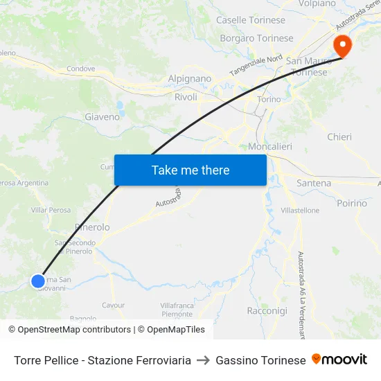 Torre Pellice - Railway Station to Gassino Torinese map